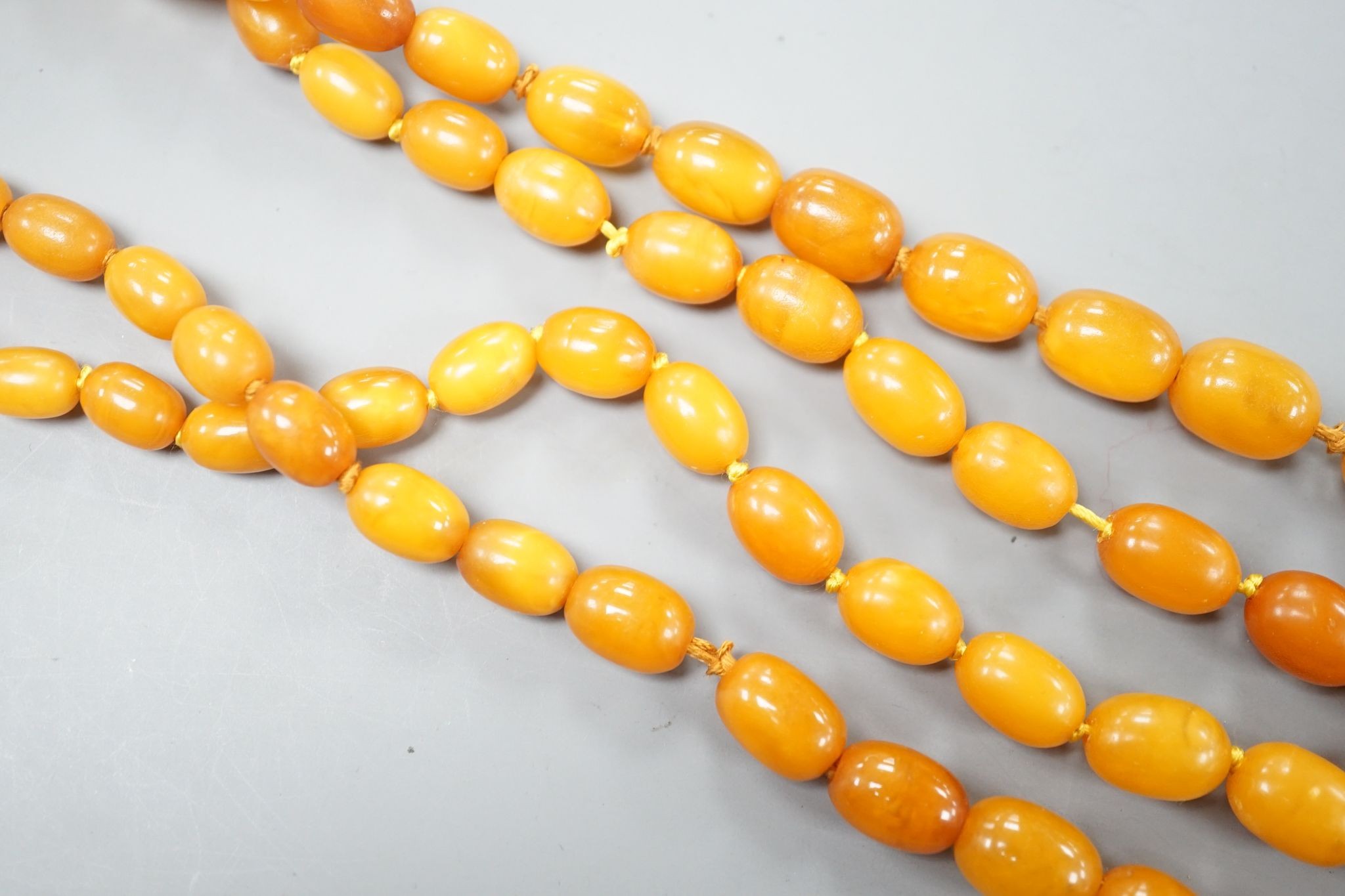 Two single strand graduated oval amber bead necklace, longest 70cm, gross weight 72 grams.